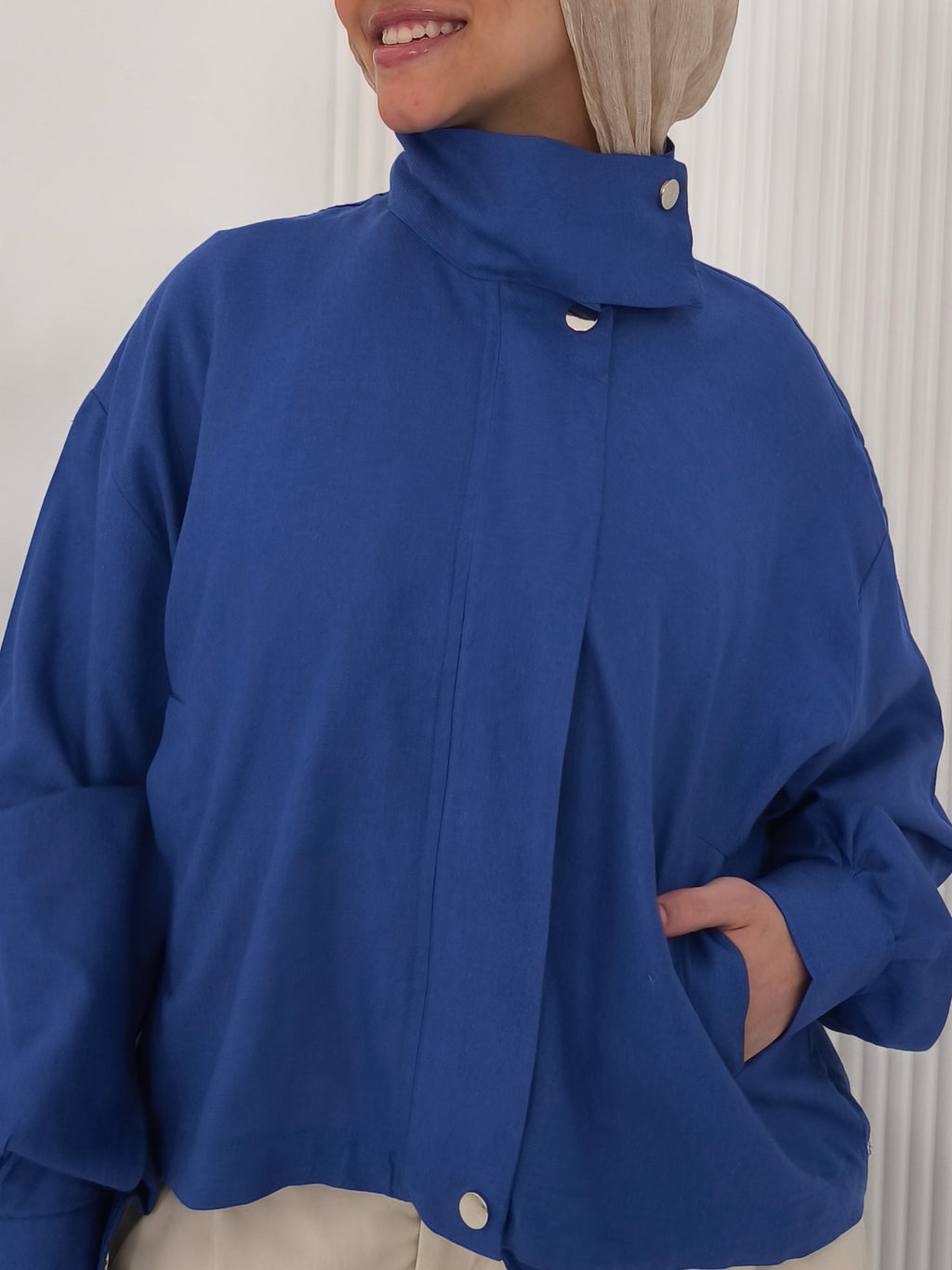 Royal blue bomber linen jacket