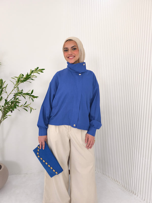 Royal blue bomber linen jacket