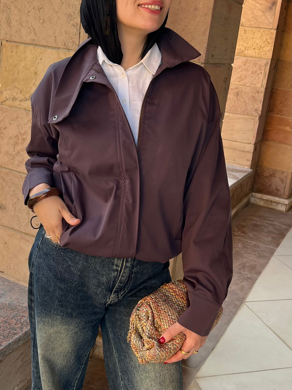 Gabardine high neck bomber  jacket