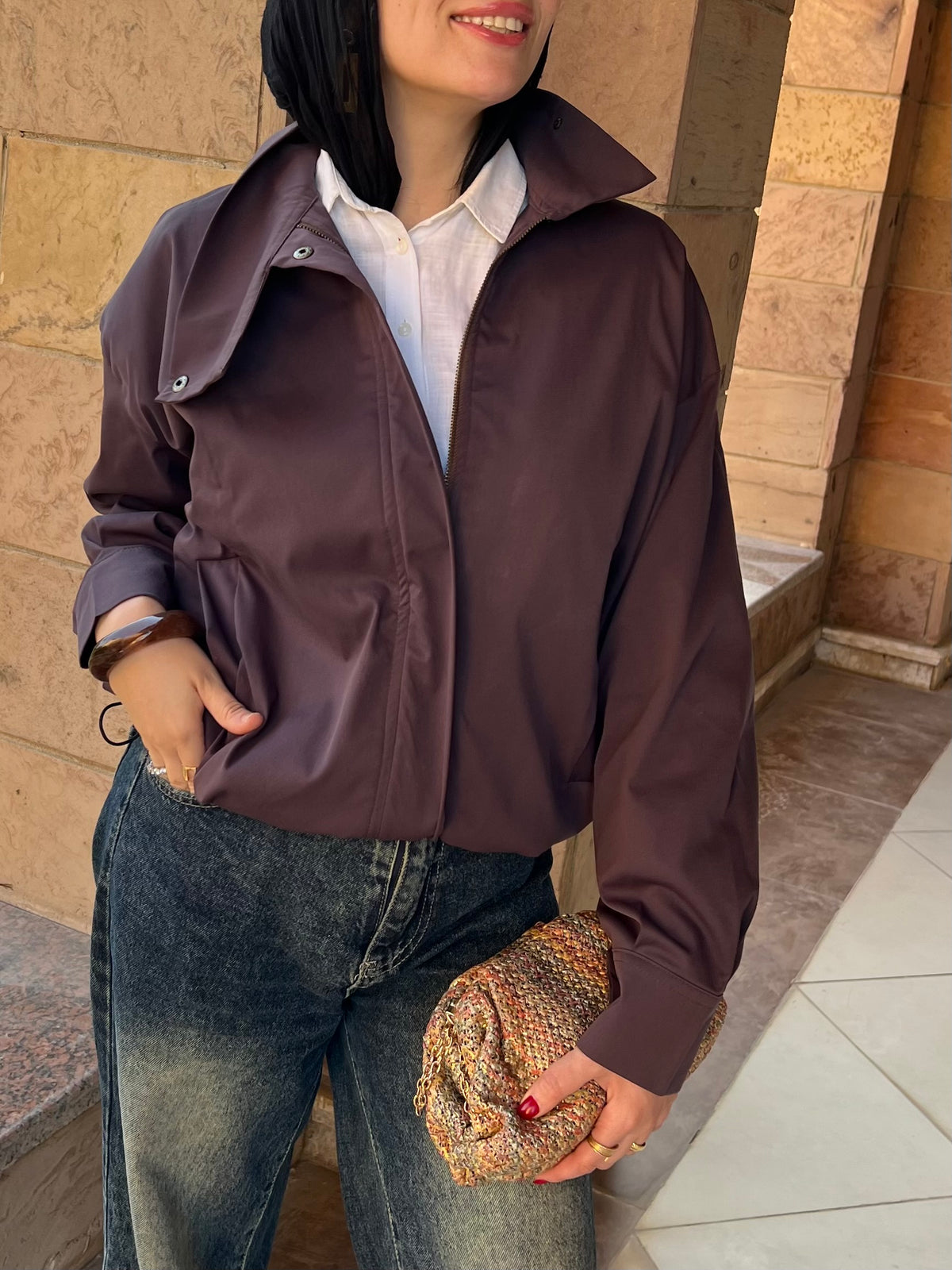 Gabardine high neck bomber  jacket